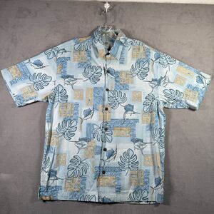 AFTCO Shirt‎ Mens M Blue Palm Fish Hawaiian Camp Short Sleeve Button Up Tropical